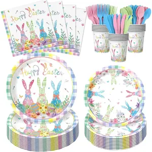 168PCS Happy Easter Plates and Napkins Forks Sets - Disposable Spring Flowers Paper Plates Set Colorful Eggs Themed Round Tableware for Easter Party Supplies Favors Table Decor(Serves 24)