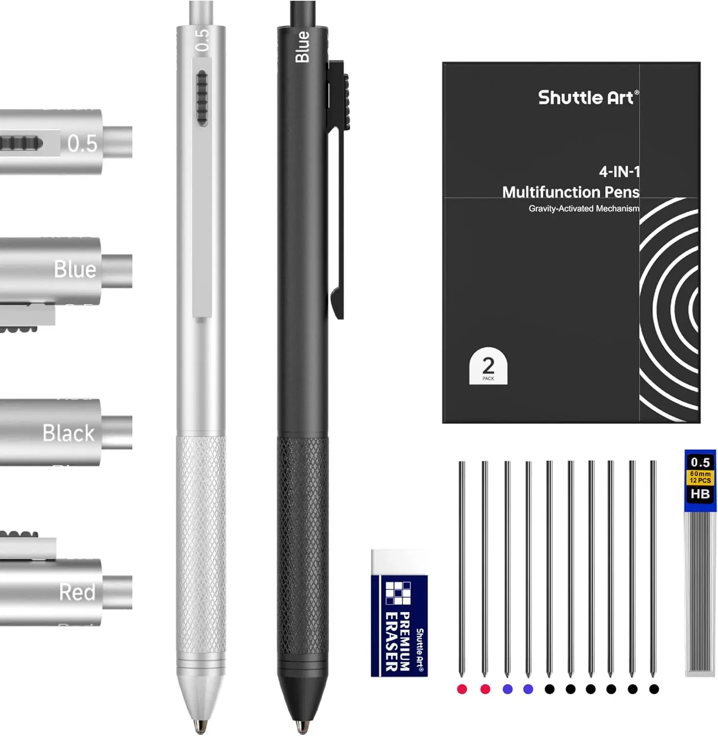 Shuttle Art 4 in 1 Gravity-Activated Multicolor Pen, 2 Pack Retractable Ballpoint Pens with 1.0mm Black Blue Red Ink and 0.5mm Mechanical Pencil, Multifunction Pens Fresh Style Gift Set for Writing School Office Home,back to school,back to school shopping