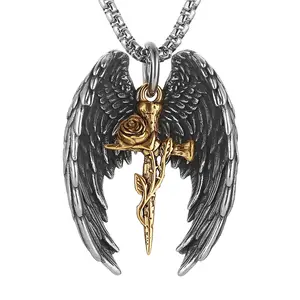 HZMAN Angel Wing Necklace for Men Women Stainless Steel Gothic Punk Angel Wing Rose Cross Pendant Faith Amulet Jewelry Gift