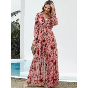 Women's printed chiffon vintage long skirt, pleated hem and sleeves, deep V-neck long sleeved A-line skirt 2025, elegant vacation set, summer and autumn fashion, perfect for back to school parties and birthday celebrations