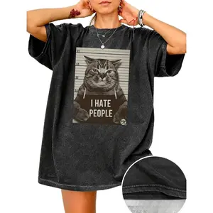 Cat-pattern loose-fitting round-neck fashion women's short-sleeve top
