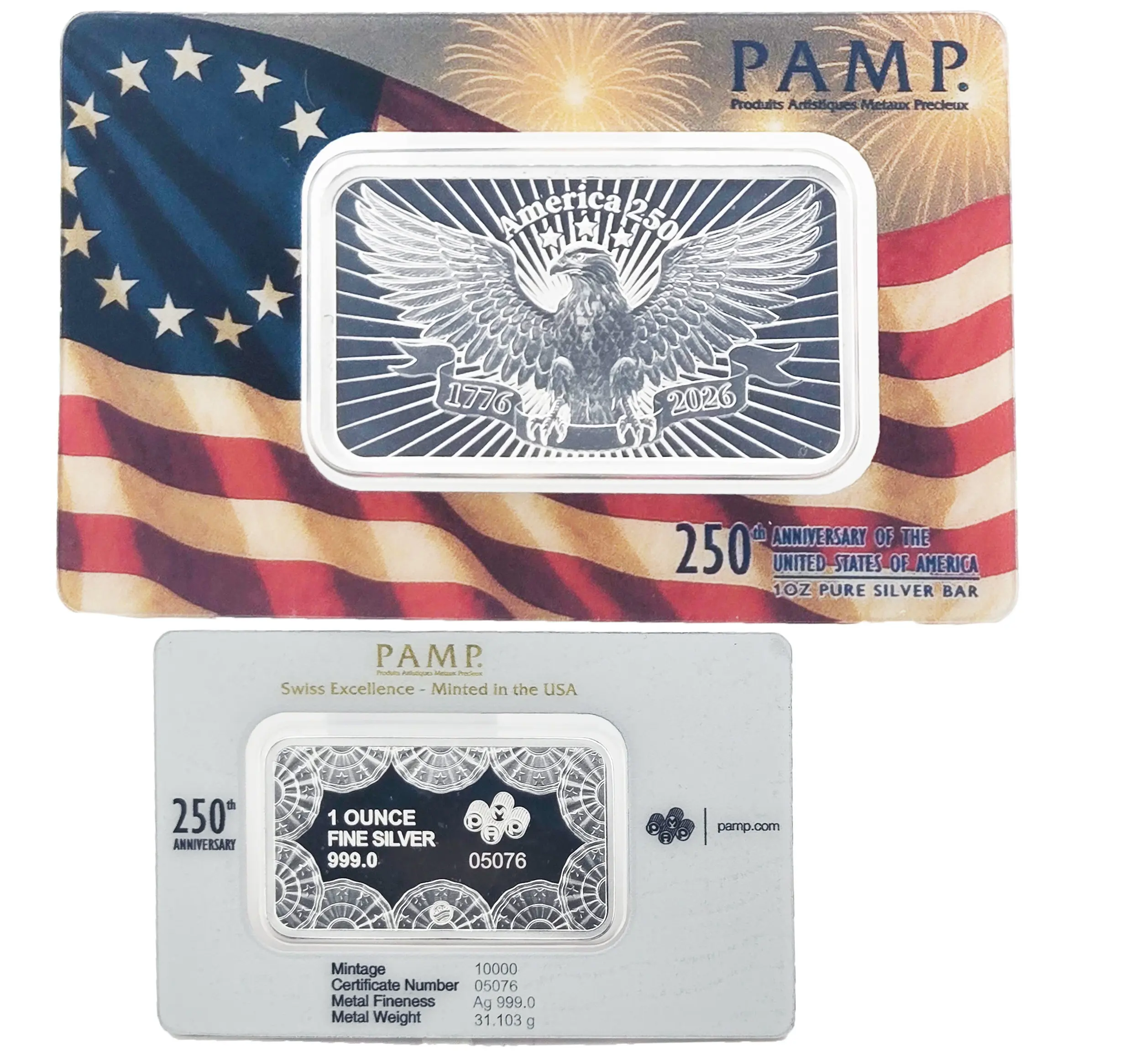 250th Anniversary of the United States of America PAMP Suisse 1 Troy Oz Silver Bar with Individual Serial Number, Collectibles in Assay