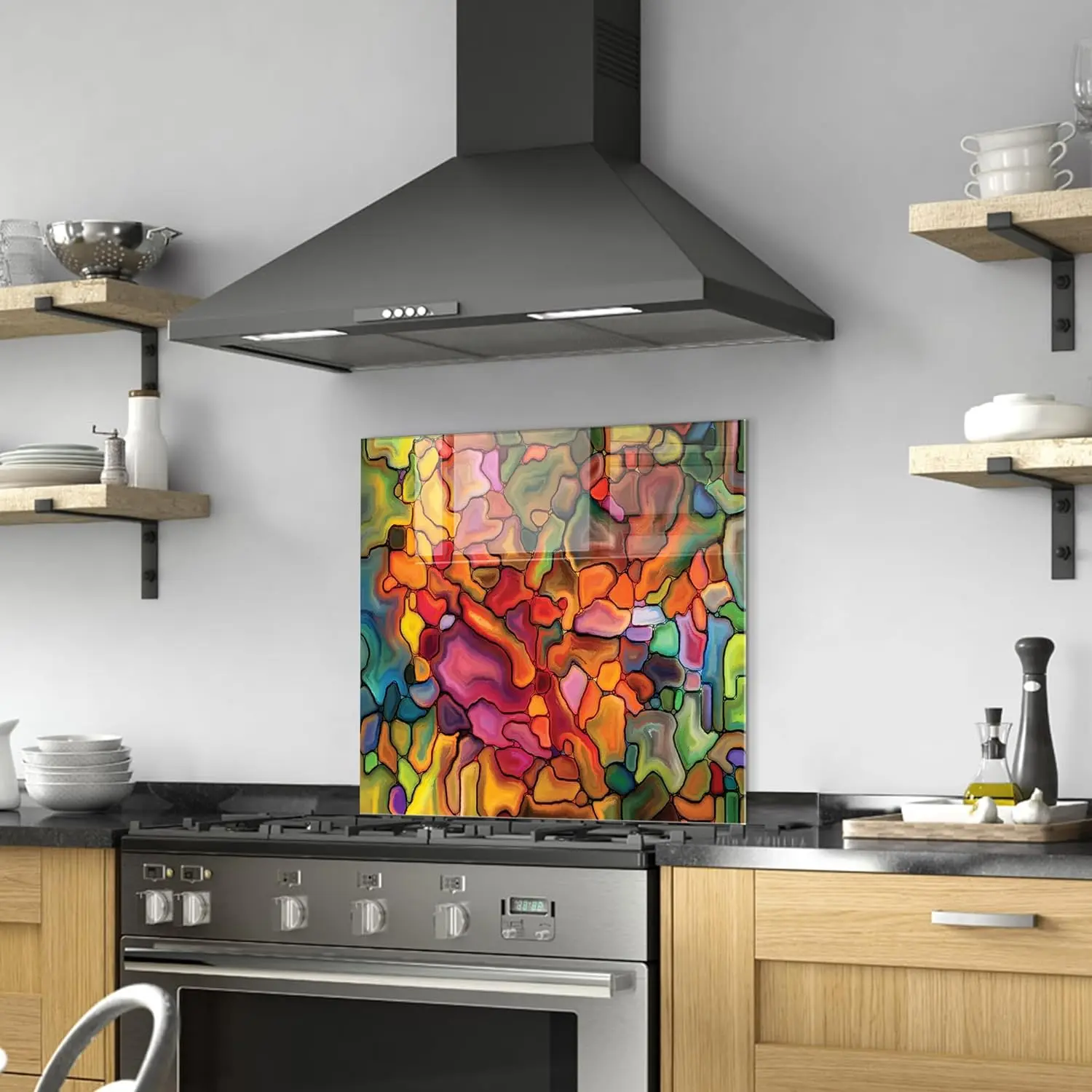 GCKG Composition of virtual stained glass fragments Pattern Tempered Glass Kitchen Backsplash, Stove Back Cover, Stove Splashback, Cutting Board, Kitchen Wall Decor