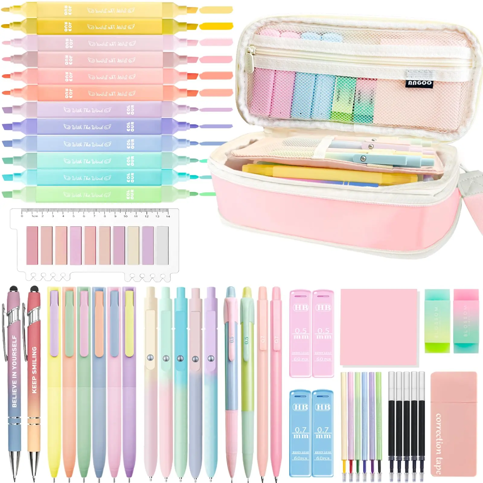 Back to school 53PC Aesthetic School Supplies with Pink Pencil Case for Students | 12 Highlighters, 6 Multicolor Gel Pens, 5 Black Gel Pens, 2 Ballpoint Pen, 4 Mechanical Pencils Essentials for College backtoschool tiktokshopbacktoschool