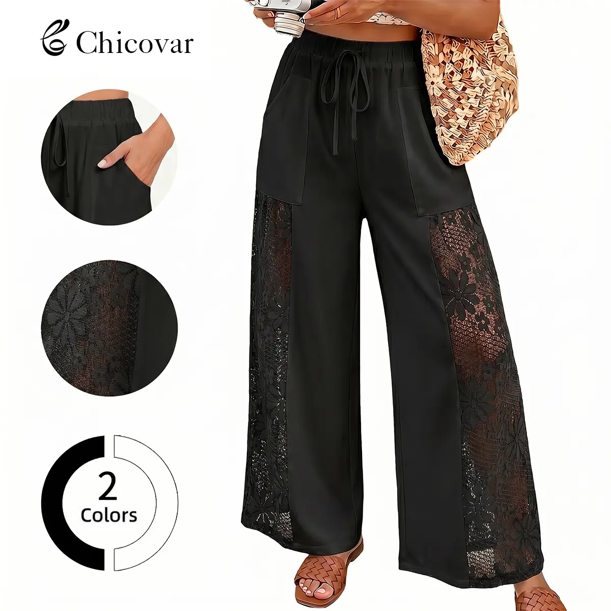 Chicovar Women's Boho Lace Splicing Wide Leg Pants, High-Waisted Stretchy Drawstring Design, Lightweight, Flowy, Summer Trousers with Pockets & Casual, Daily, Beach Vacation, Summervibes
