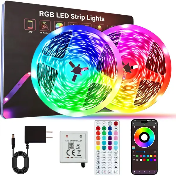 100FT Smart LED Strip Lights with Music Sync, Dimmable RGB Multi Color Lighting Controlled by Bluetooth App and Remote for Bedroom Party Decoration, Colorful Led Lights, Rgb Led Effects