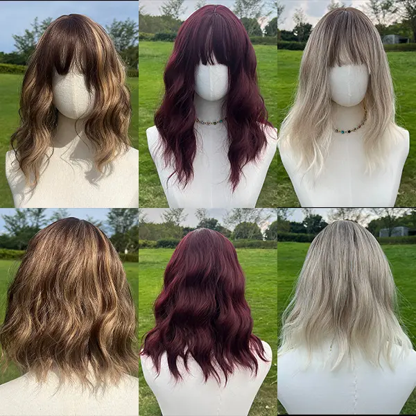 SMILCO/14-16 Inches Pink/Claret/Black/Brown Curly Bob with Bangs Synthetic Wig Wavy Wiglet Snug Fit for Women/SM035
