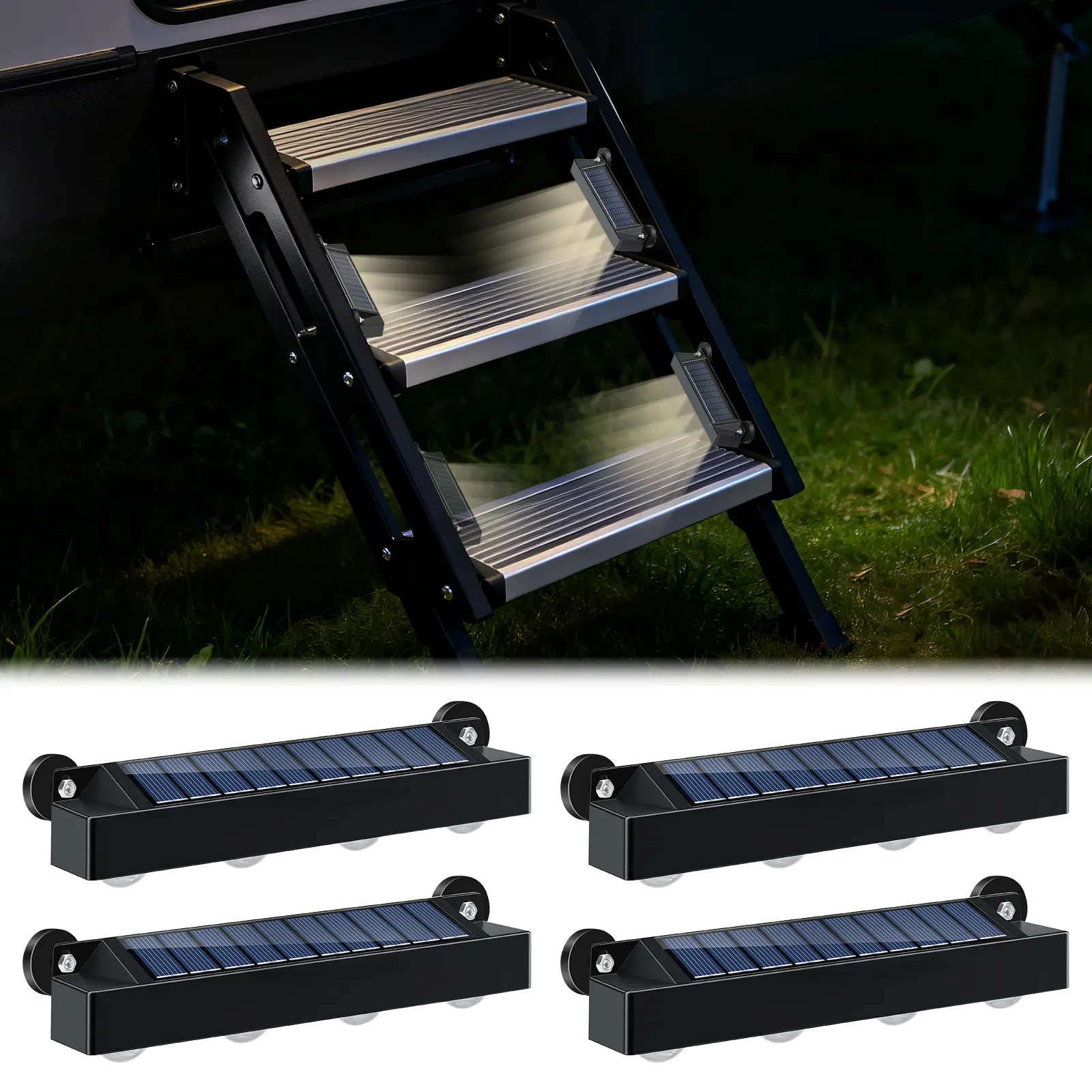 FORI Magnetic Solar RV Step Lights Outdoor Waterproof IP65, 4 Pack 1200mAh Solar Lights for Camper Trailer Motorhome, Auto On/Off Warm LED Stair Lighting for Deck Dock, Anti-UV