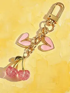 Elegant Cherry Heart Keychain for Women, Cute Glossy Cherry Key Ring, Fashion Bag Charm, Casual Style, No Choking Risk