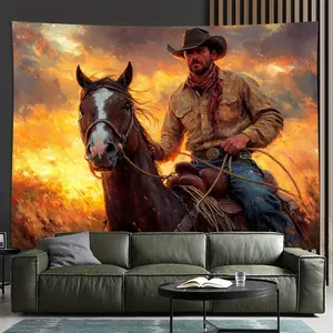 Vintage Denim on horseback, golden sunset dynamic action polyester wall hanging for any occasion-rustic western tapestry