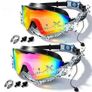2 Pack Adult Swim Goggles with Earplugs, Anti-Fog 180° Wide View UV Protection Pool Swimming Goggles for Adult Youth Men Women, 3-Color UV Lens Water Goggles