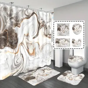 1pc/4pcs, Bathroom Decoration Accessories, bathroom set, shower curtains, bathroom rug, home decoration, bathroom mat, gray marble pattern, Bohemian theme decoration, with 12 hooks, Home Goods, Shower Curtain Sets