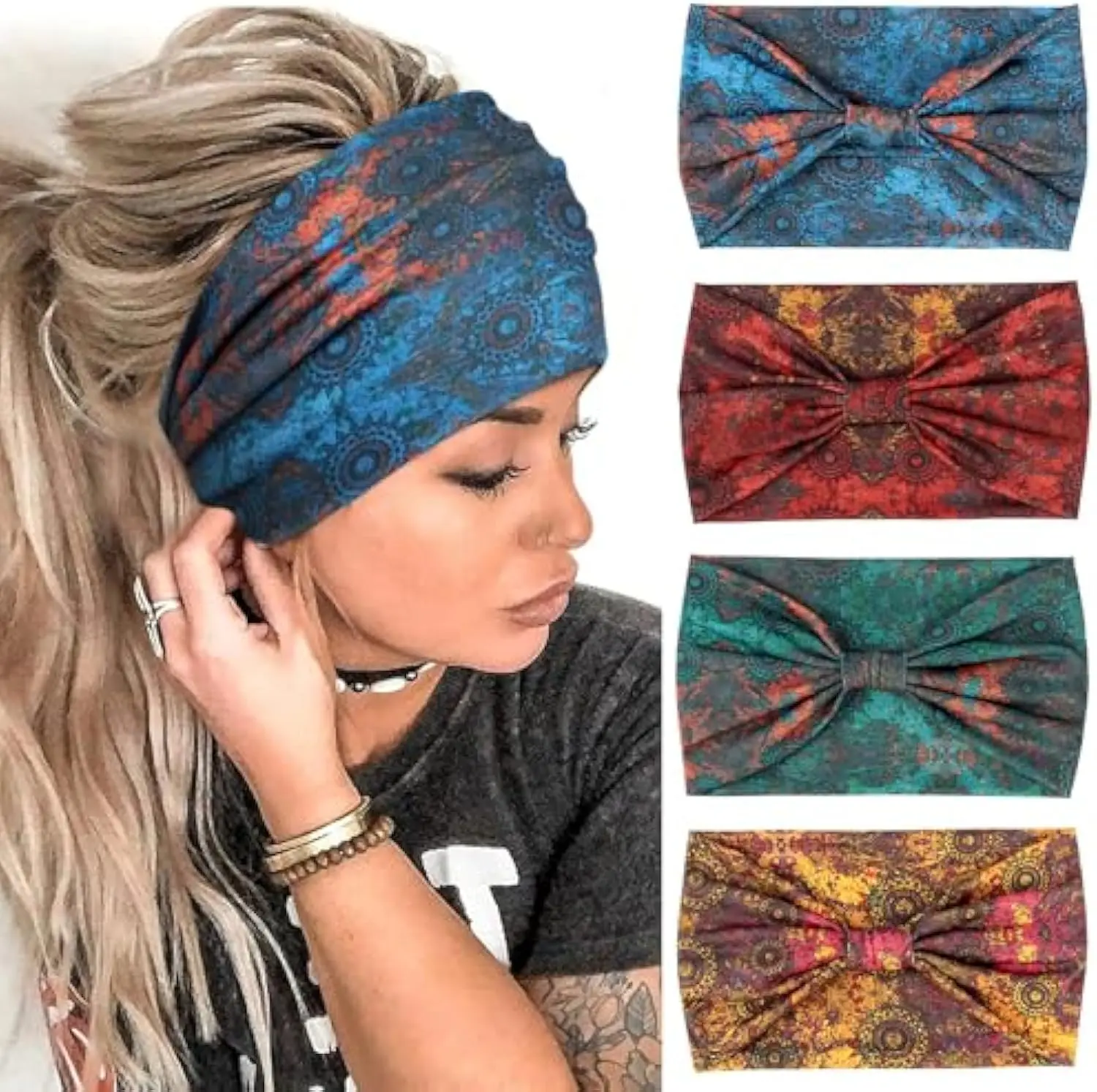 Women's Knotted Headbands, 4-Pack Soft Stretchy Elastic Boho Wraps, Wide Bandana Style Fashion Workout Headband, Stretchy Headbands