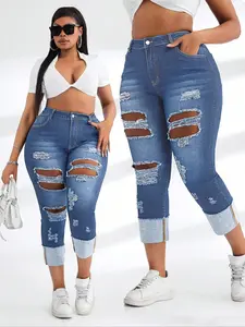 Women's Plus Size Denim Jean Skinny Pants High Stretch Soft Comfort Washed Design Ripped Trendy Fashion Long Pants Spring & Fall
