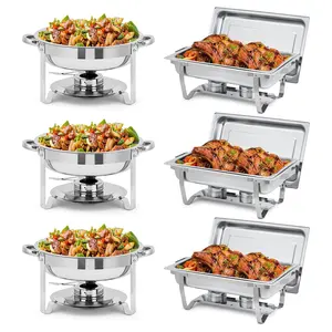 GARVEE Stainless Steel Chafing Dish Buffet Set of 6 with 8 Qt Rectangle & 5 Qt Round Chafers, Includes Food/Water Pans and Fuel Holder, Ideal Food Warmer Buffet Set for Parties, Events, and Holiday Catering