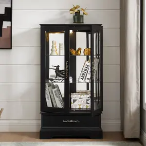 25.98"W*11.81"D*47.44"H Rectangular Vintage American Glass Display Cabinet, Wood Frame High Load Bearing LED Lighted Curio Cabinet with Adjustable Tempered Glass Shelves Anti‑Tipping Device for Living Room Office Entryway