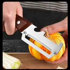 Household Kitchen Multi Tool, Green Onion Shredding Artifact, Squid Flower Cutting Tool, Sharp Vegetable Peeler with Wooden Handle