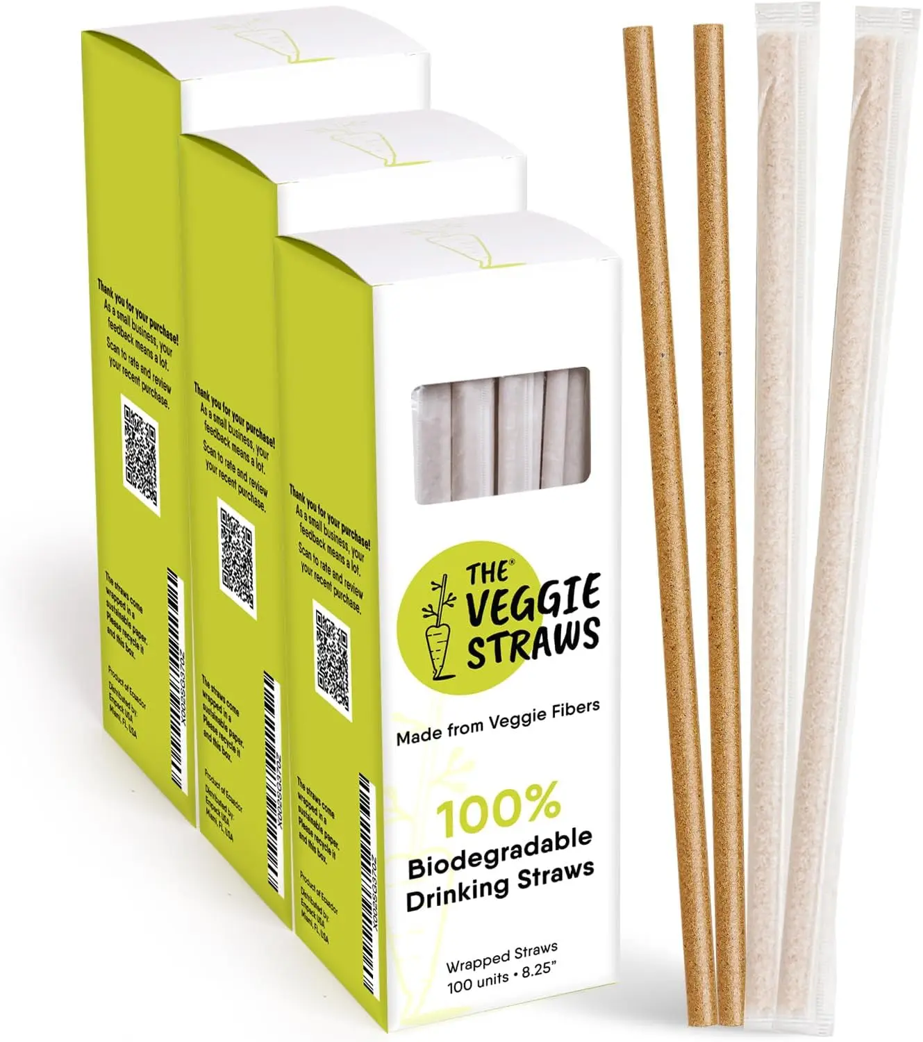 300 Individually Wrapped Eco-Friendly Drinking Straws, 8.25" Long, 6mm Diameter