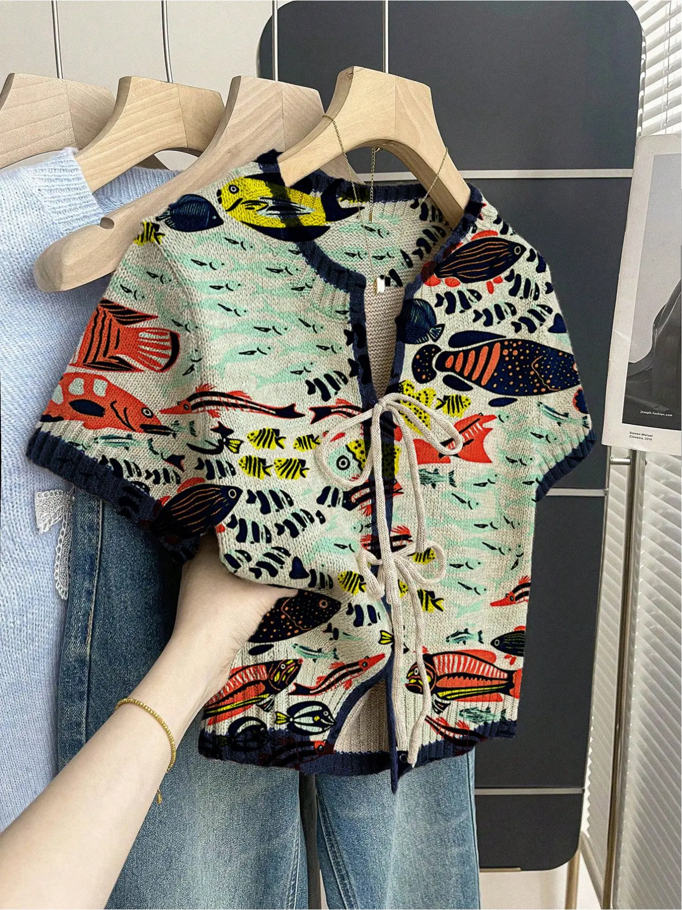 Women's khaki bohemian style vacation ethnic short-sleeve knit top. Loose round neck, contrast patchwork fish print, front tie design, contrast piping. Comfortable for spring & summer casual wear. Casual Classy Top Boho Clothing Womenswear Lady