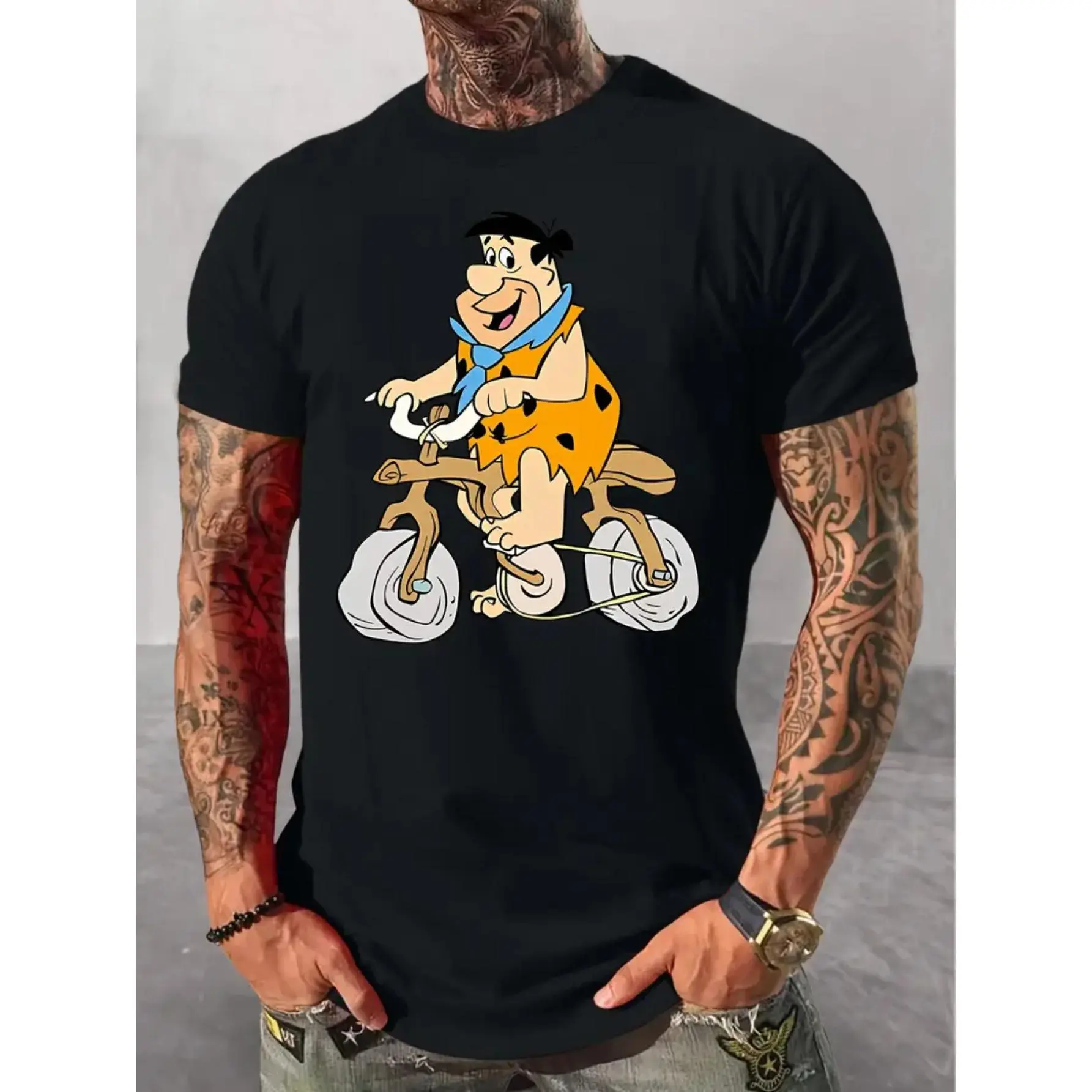 Fred Flintstone Cycling Fun Print T-Shirt - 100% Cotton, Short-Sleeved, Round Neck, Versatile for All Seasons, Machine Washable - Ideal Casual Wear with Jeans or Sports Attire