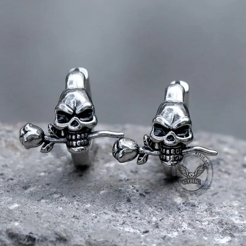 GTHIC Gtohic True Love Rose Skull Stainless Steel Hoop Huggie Earrings for Men Women Daily Wear Statement Jewelry