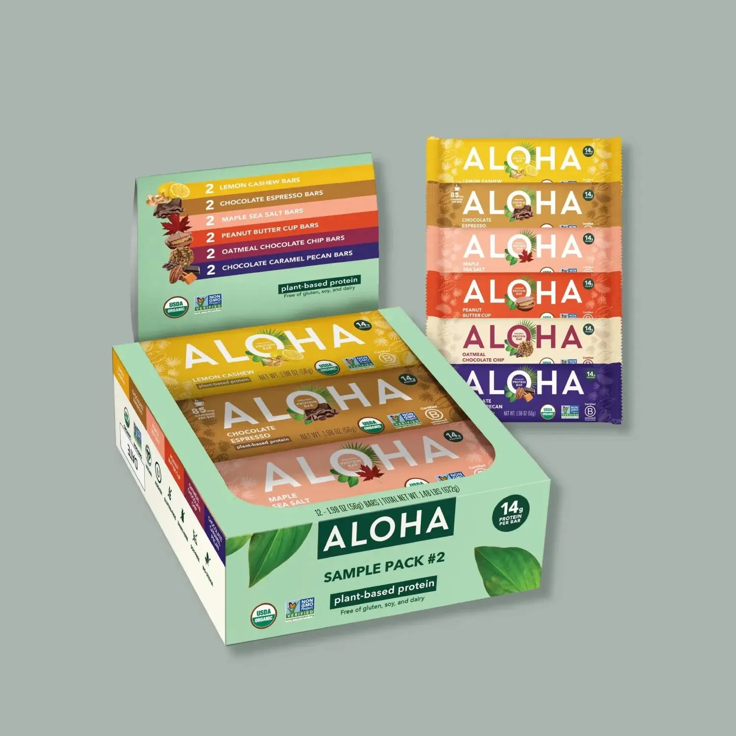 ALOHA Protein Bar Sampler Pack #2 | 12 Bars, 6 New Flavors | 14g Plant Protein, 4-5g Sugar | USDA Organic, Vegan, Gluten-Free | Chocolate Chip, Peanut Butter Cup, Maple Sea Salt, Espresso & More!