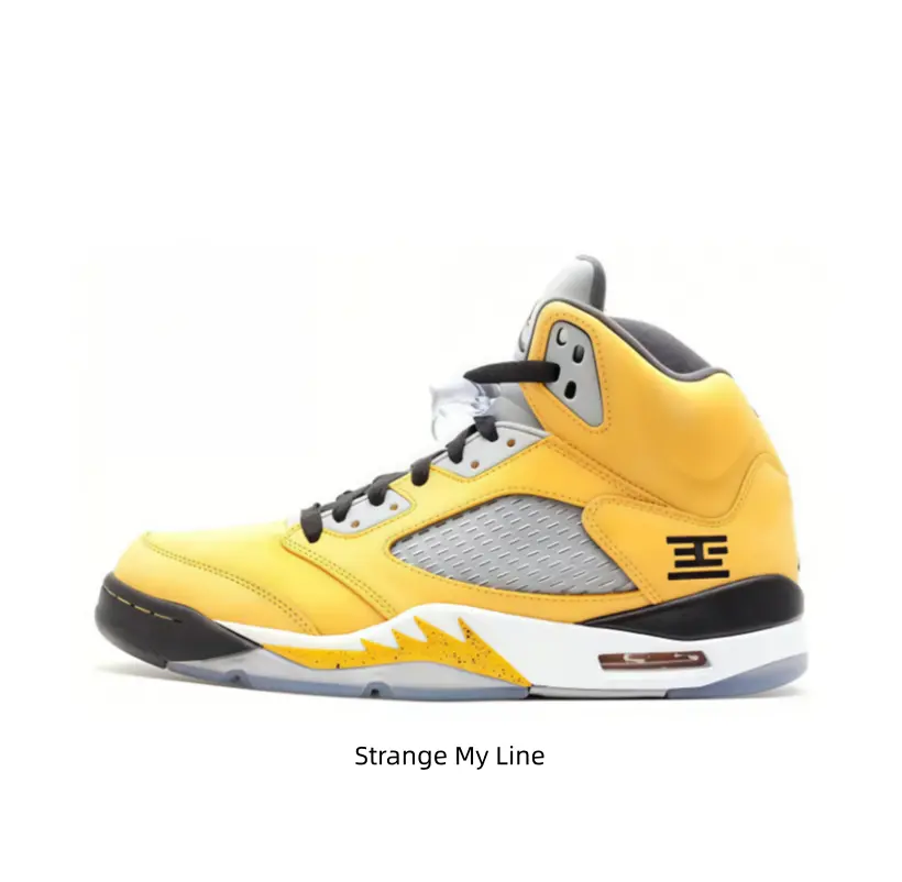 Bright Yellow Black White High Top Basketball Sneakers Smooth Full Leather Grey Breathable Mesh Side Panel Custom Symbol Logo Yellow Shark Teeth Clear Transparent Outsole Street Kicks