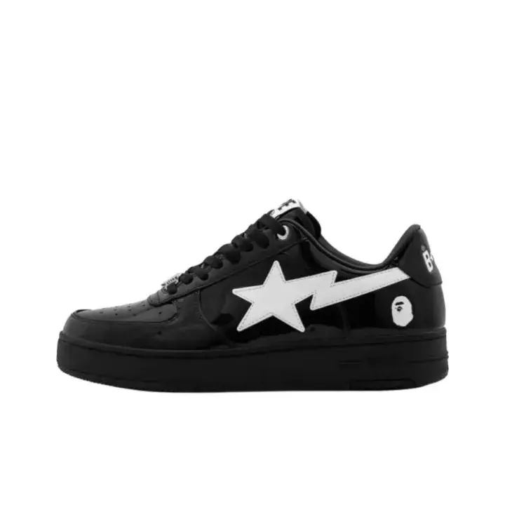 statement bold monochrome black street sneaker lightning detail white star applique glossy patent leather flexible anti-scratch sole all-match men women daily walking skate footwear