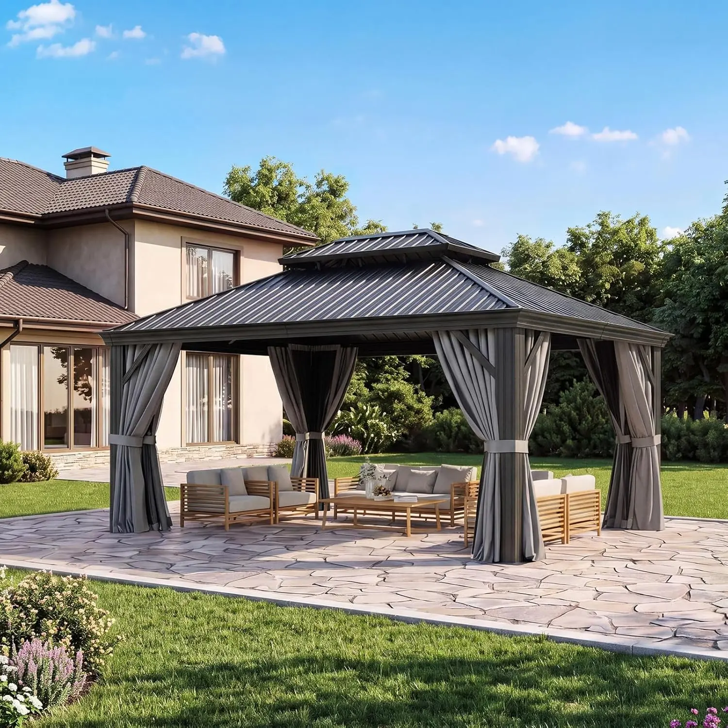 Jolydale 16×12ft Permanent Hardtop Gazebo - Steel & Alum. Build, Galvanized Steel Double Roof, Aluminum Legs, Triangle Straps, 22lbs, Nettings & Curtains, 12 Persons Capacity - Outdoor Patio Pavilion (Gray), Backyard
