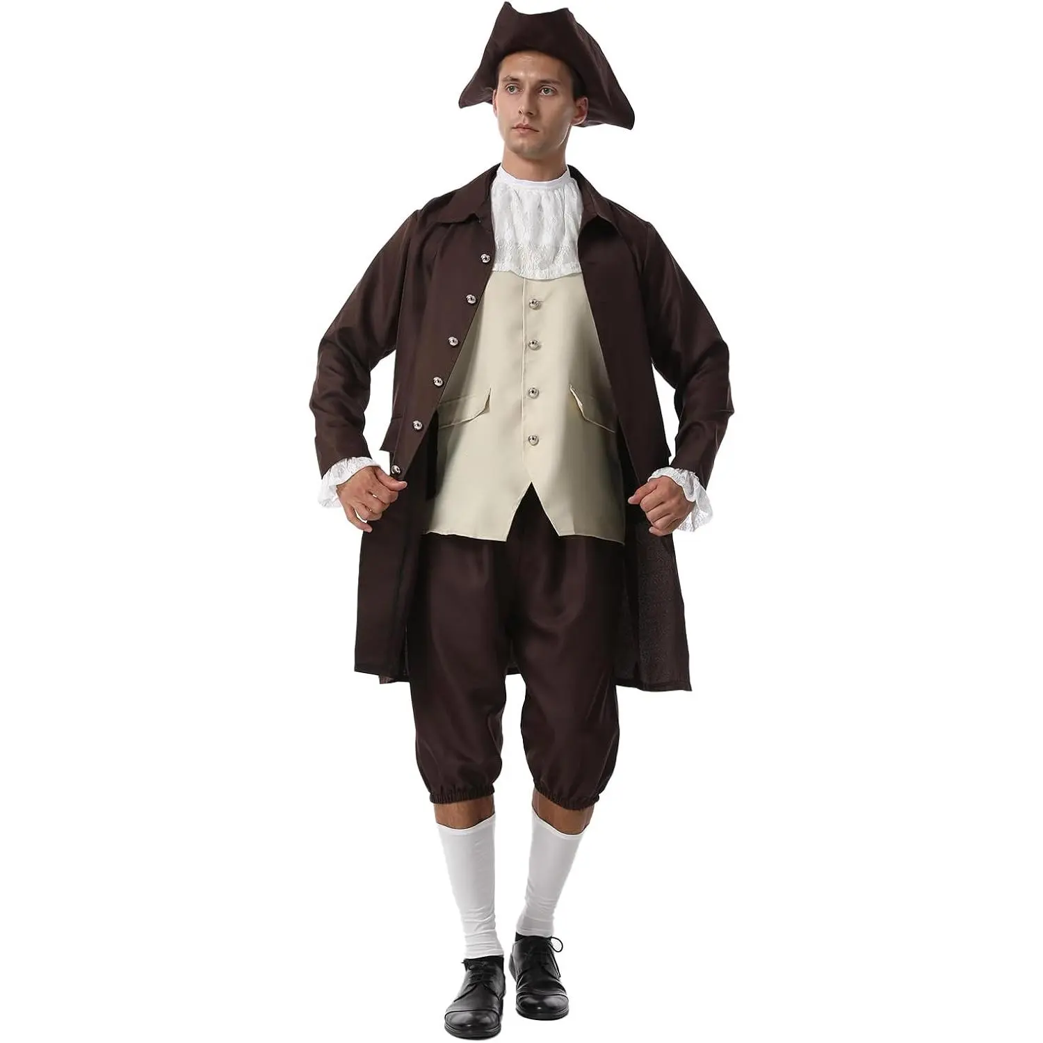 OEBLD Men's Colonial Benjamin Franklin Deluxe Costume - Clothes with Jacket, Pants, Premium Fabric for Adult Wax Museum Project, Birthday Occasions, Menswear, Matching, Elastic, Loose, Halloween, Knitting
