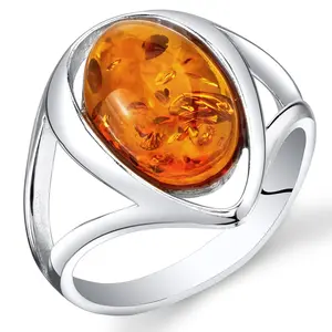 Baltic Amber Ring Sterling Silver Cognac Color Oval Sizes 5-9