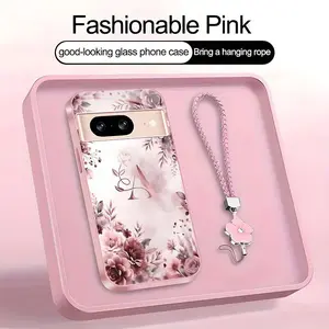 Rose Floral Art 26 letter Phone Case, Suitable for [Google Pixel 8] high-end women's, Lanyard a beautiful four-leaf clover lanyard is included🍀 952