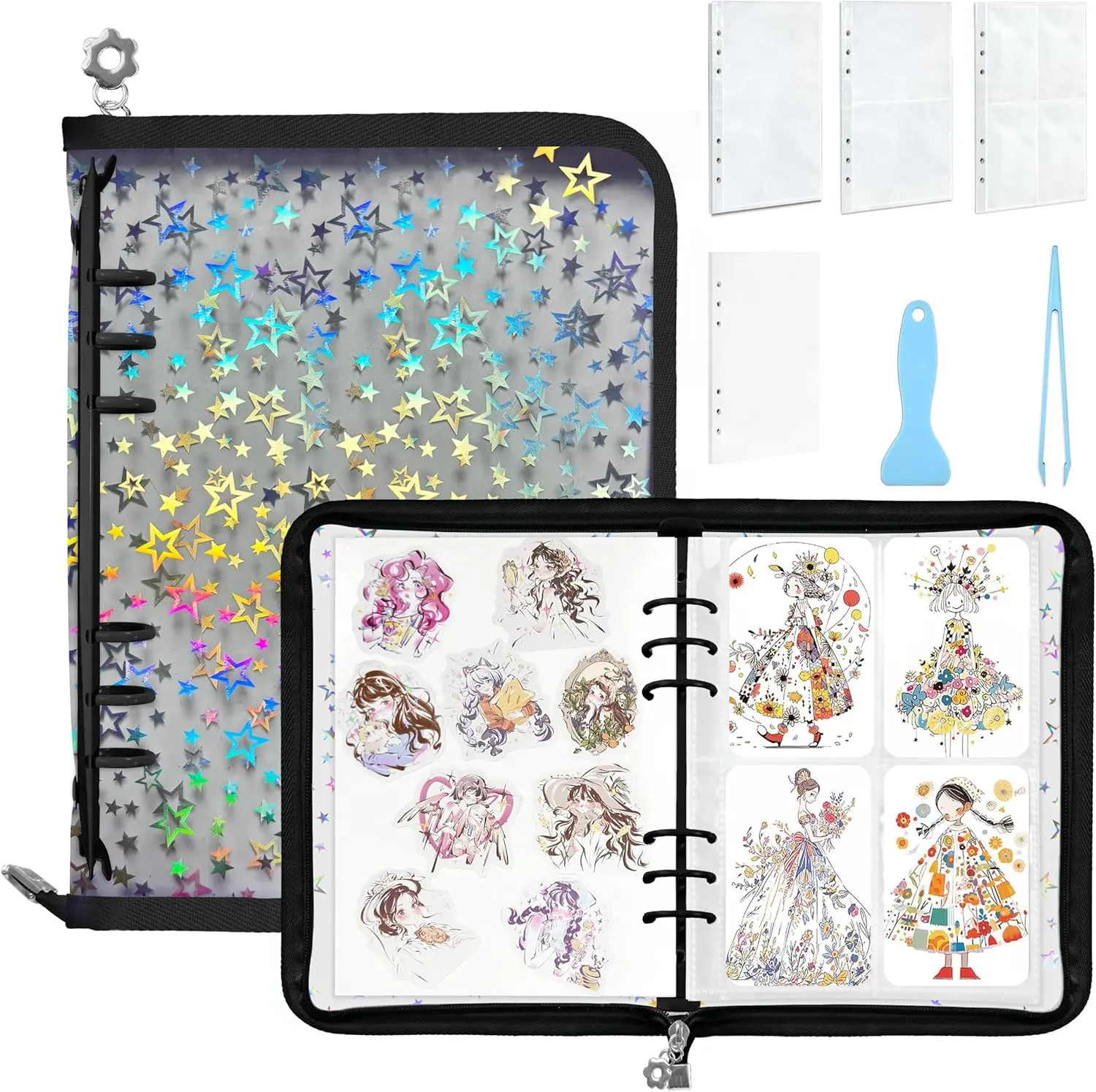 Sticker Storage Organizer,Sticker Organizer Binder Reusable Sticker Book Collecting Album A5 Sticker Collecting Book Clear Sticker Album Holder with Blank Release Paper, Tweezer & Spatula
