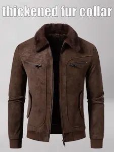 Men's Winter Velvet Jacket, Casual Fitted Menswear, Fleece Lined Thick Fur Collar, Vintage Lapel Multiple Pockets, Warm Motorcycle Coat