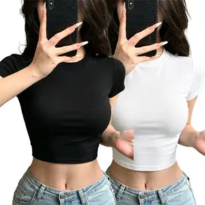 Set of 2 women’s square-neck short-sleeve solid-color casual slim-fit summer T-shirts, Y2K-style cropped T-shirts, suitable for summer, beach, streetwear, everyday wear, work, office parties, and vacations. Fashion Y2K Style Women's Top - White