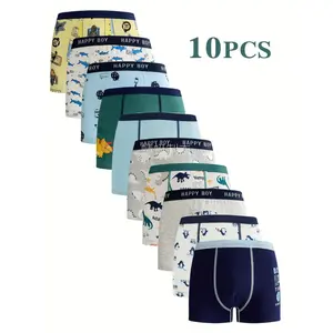 10-Pack Boys' Underwear 3-15 Years - Cute Cartoon & Dinosaur Print Boxer Briefs, Breathable Stretch Waistband, All-Season Comfort with Full-Body Patterns (Plaid, Stripes, Camo, Floral), Cute Underwear, Playful Design, Durable Construction Children Kid