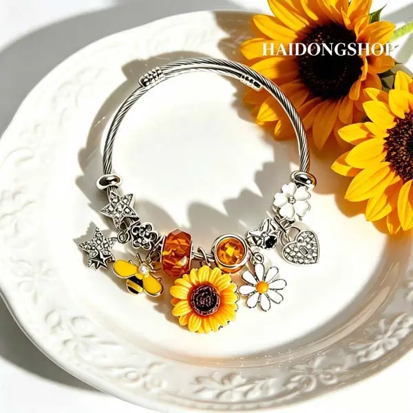 Boho Sunflower Bee Charm Open Cuff Bracelet | Floral Stackable Bangle