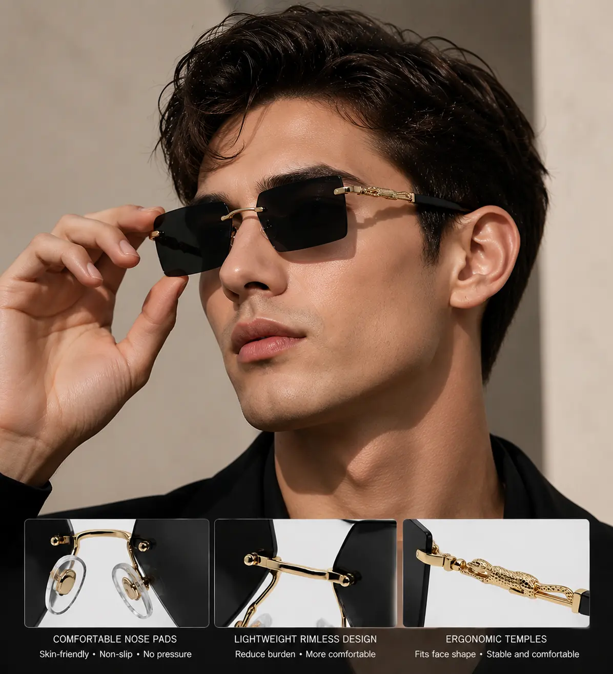 Rectangle Frameless Sunglasses for Men & Women, Statement Gold & Leopard Trim Design, UV400 Protection, Includes Case & Cloth, Men's Accessories, Statement Frame Glasses, Men's Sunglasses