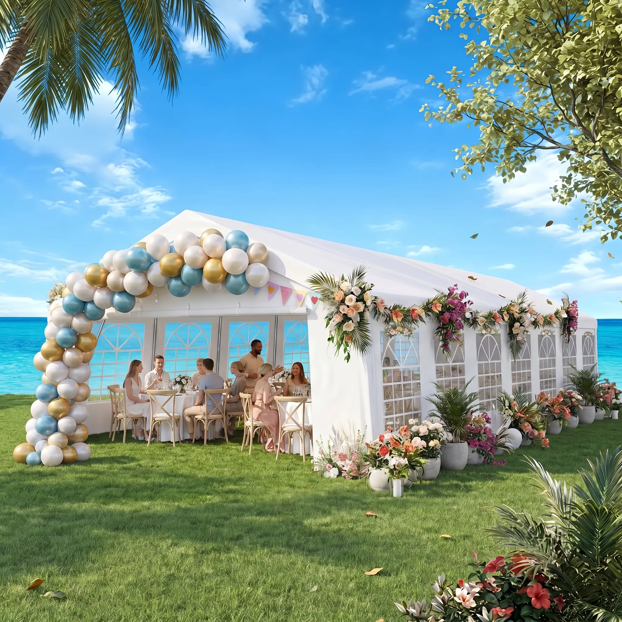 50x20FTParty Tent, Heavy-duty Canopy (with Removable Sidewalls), Featuring 14 Cathedral Windows And Sidewalls, Built-in Sandbags, Suitable for Outdoor Parties, Weddings, Emergency Shelters, And Commercial Use; Large White Wedding Tent with Drawstring