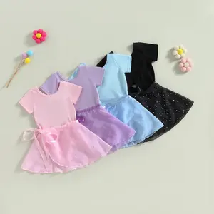 2-10T Toddler Baby Girl Ballet Leotards Short Sleeve Crewneck Solid Dance Outfit with Removable Shiny Skirt