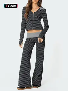 2-piece set  Women's Striped Hooded Cardigan Top & Wide Leg Pants Knit Set, Casual Daily Wear, Suitable for All Seasons, Comfortable