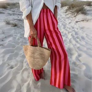 Women's Vibrant Colorful Stripe Print Pants Casual Summer Wide-Leg Beach Trousers