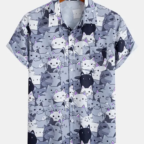 Men's Cute Cat Print Hawaiian Shirt, Short Sleeve Button Down, Casual Printed Summer Beach Vacation Aloha Tops, Stylish and Comfortable, Animal Lover Shirt, Casual Fashion Shirt, Summer Shirts