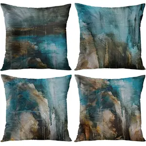 Set of 4 Throw Pillow Covers Modern Abstract Messy Teal Turquoise Black and Brown Retro Painting Decorative Pillow Cases Home Decor Standard Square 18x18 Inches Pillowcases