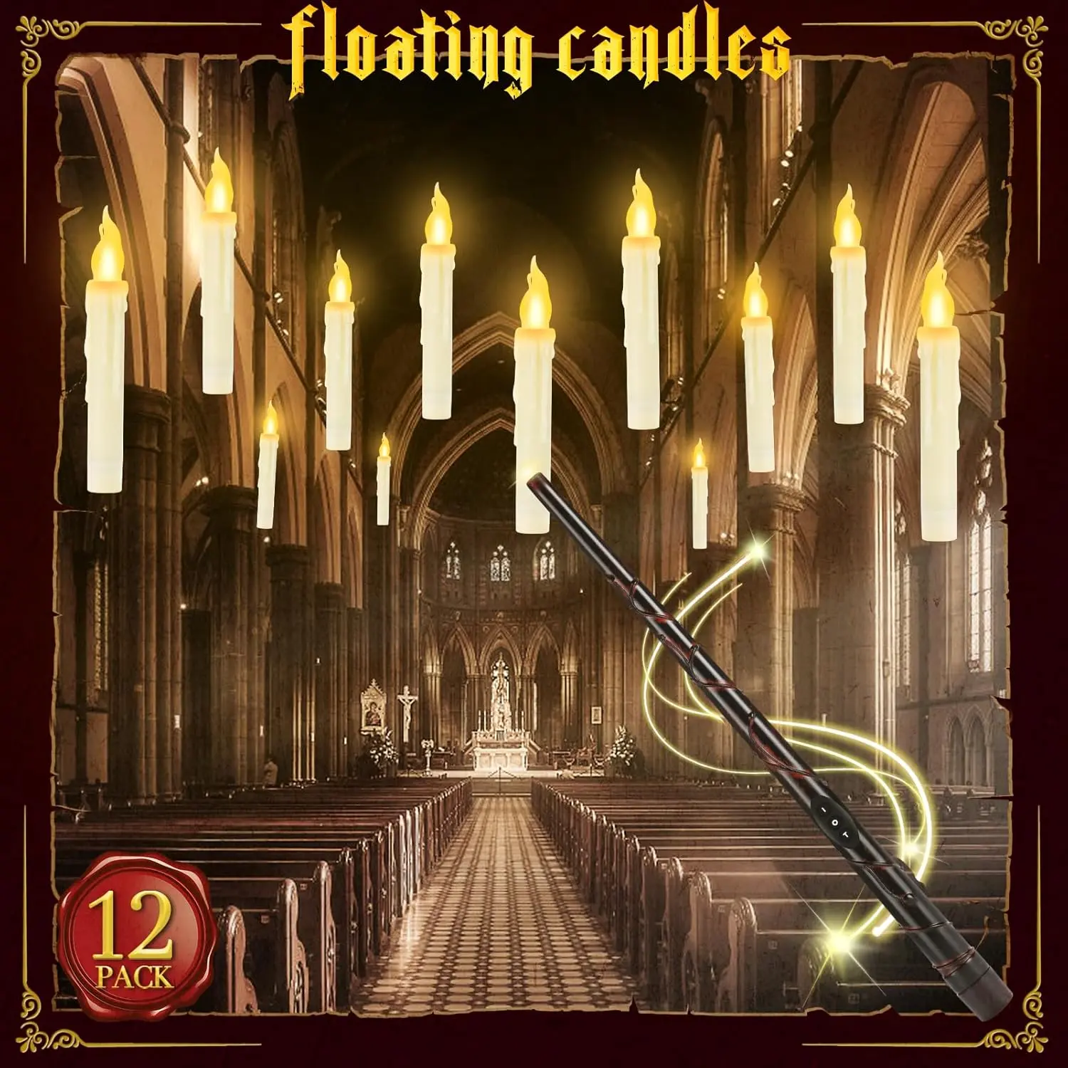 12 Pcs Plastic Floating Flameless Candles with Wand - Warm Flickering Light, Halloween Decorations for Witch Themed Parties, Room Decor, Whimsical Room Decor, Halloween Ideas Gifts for Daughters’ Indoor Home Windows