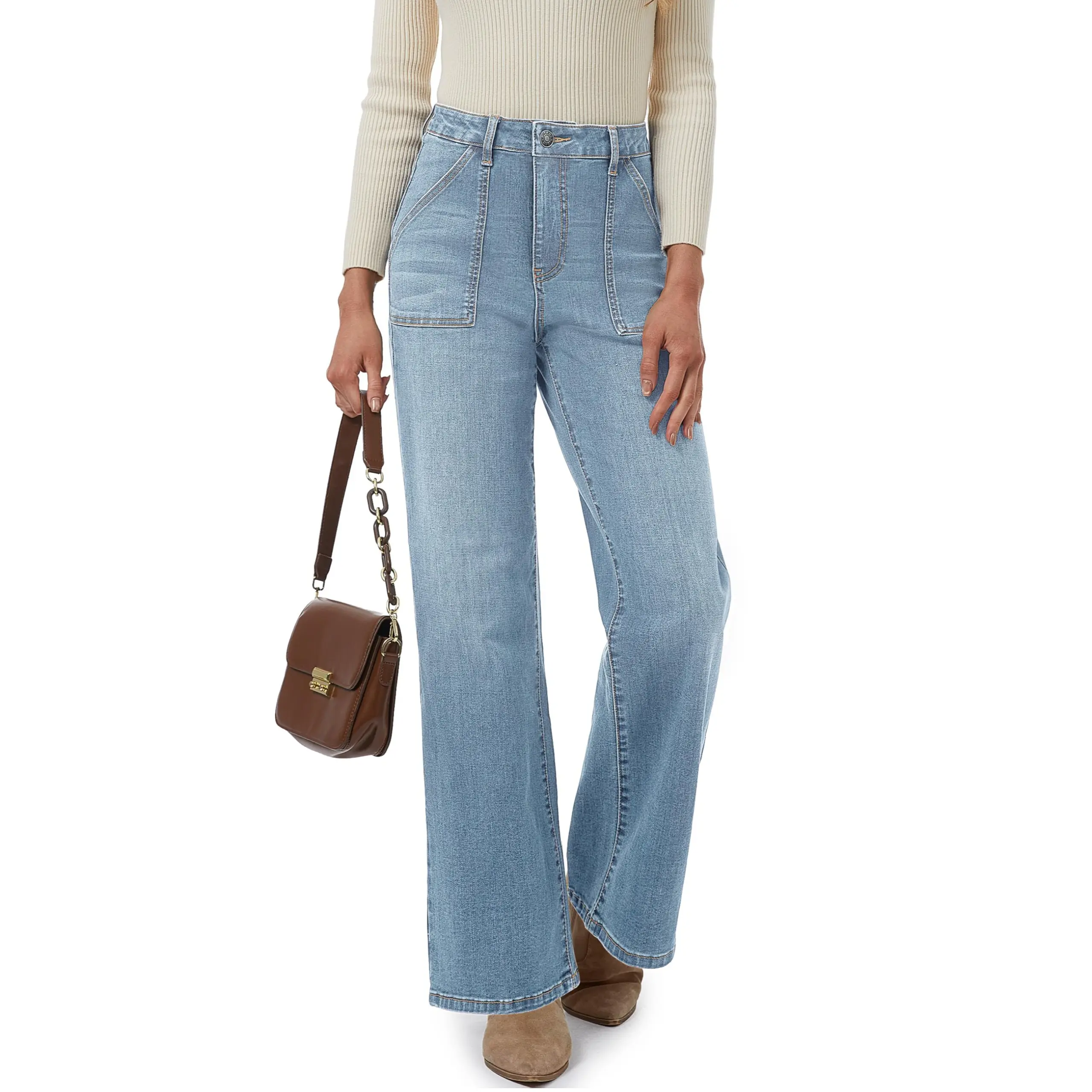 YUCOLEN Women's High-Waisted Soft Stretchy Denim Bottoms - Straight-Leg Fitted Jeans with Pockets, Zipper, Basic Fashion Design, Button, Extra Soft, Designed For A 29" Or 31" Inseam, Relaxed Straight Jeans