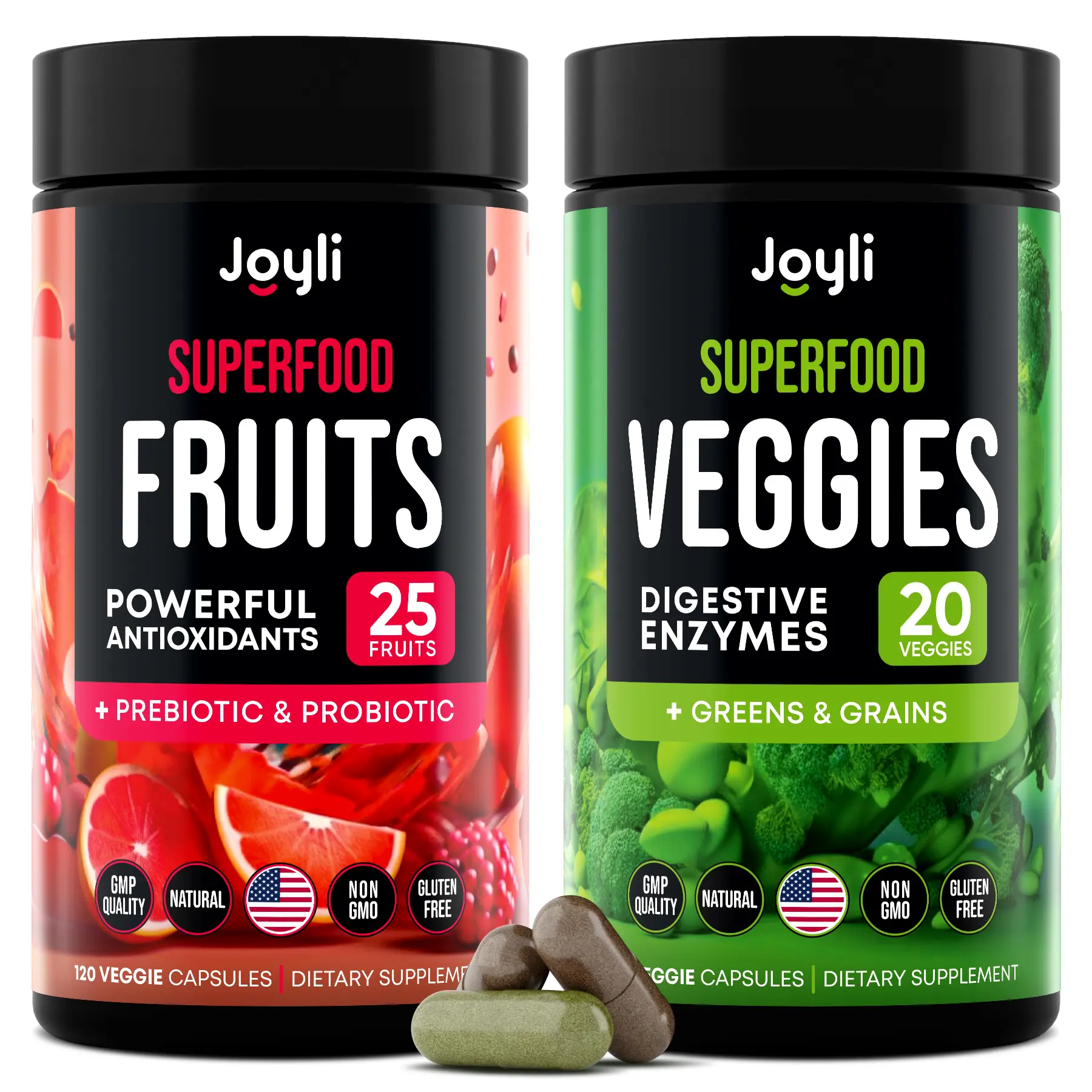 JOYLI Nutrition Fruits and Veggies High Fiber Supplement with Prebiotics, Probiotics for Gut & Immune Health Support - 240 Capsules