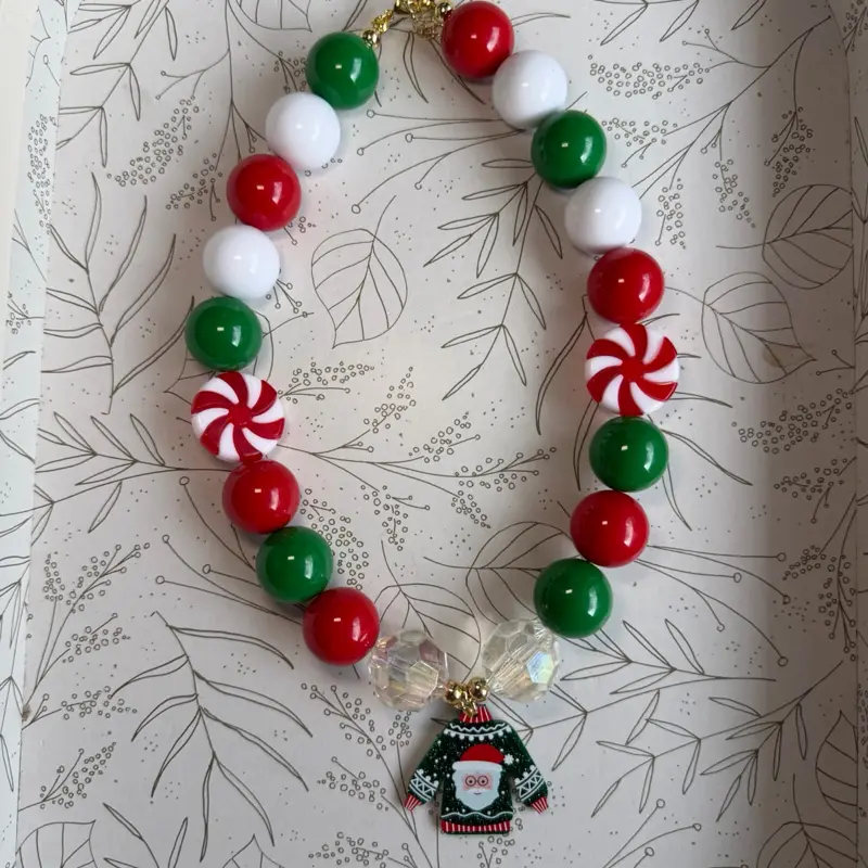 Santa Ugly Christmas Sweater Charm Necklace | Red, Green & White Peppermint Beads | Handmade Holiday Jewelry | Christmas Collection 2026