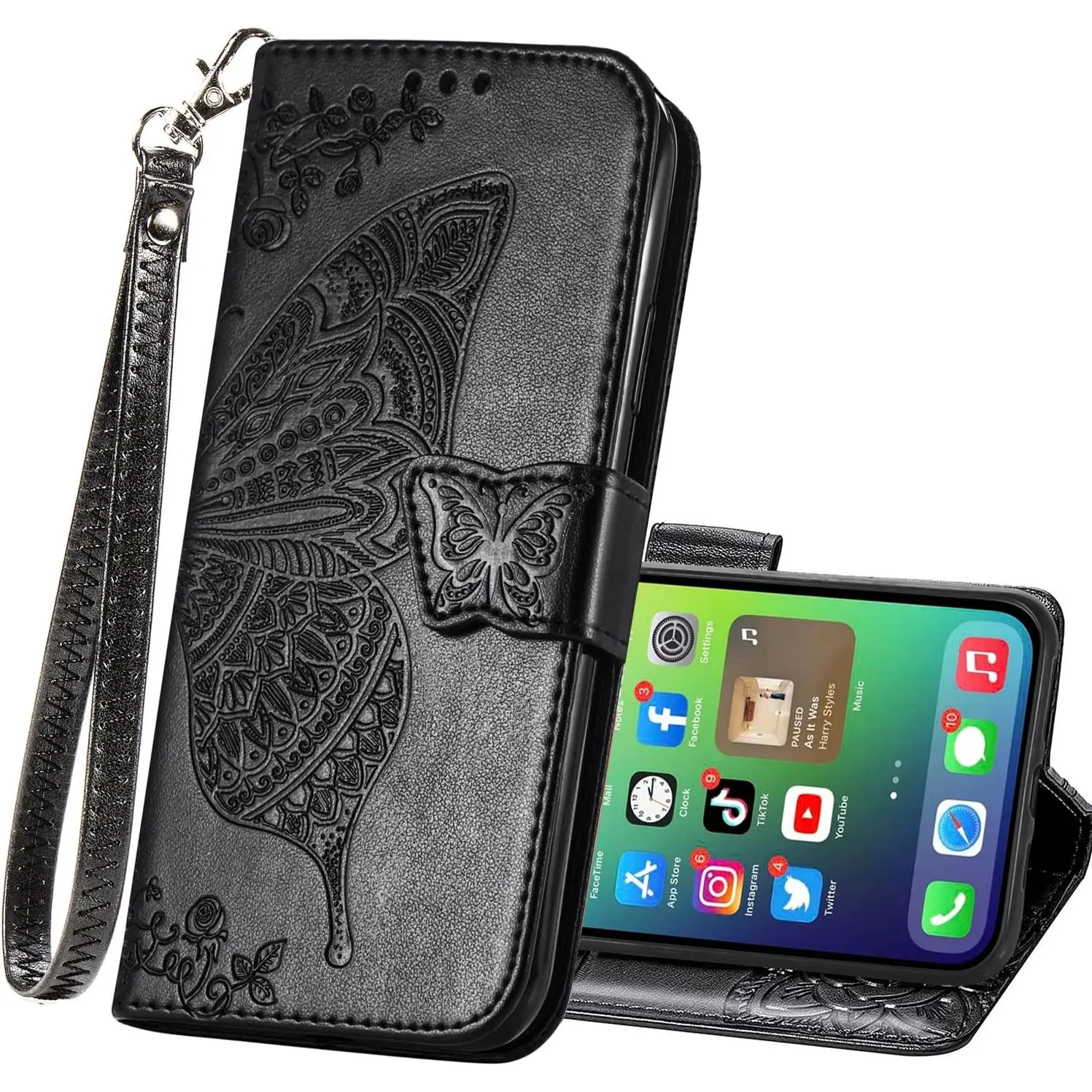 HAOTP for Iphone 16 plus Phone Case Wallet,Women Flip Folio Cover with Credit Card Holders Emboss Butterfly Flower PU Leather Purse Wrist Strap Kickstand Case for Iphone 16 plus Black HAOTP