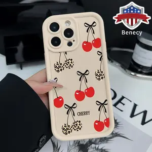 Leopard Cherry Pattern TPU Phone Case for iPhone 15 16 14 Pro Max 13 12 11 XR XS Plus E Shockproof Non Slip Military-Grade Protection Silicone Cover Smartphone Casing